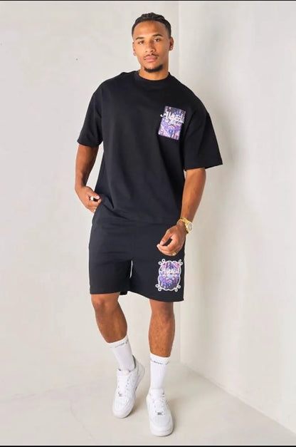 Black and purple "algeria" two-piece set: t-shirt + shorts