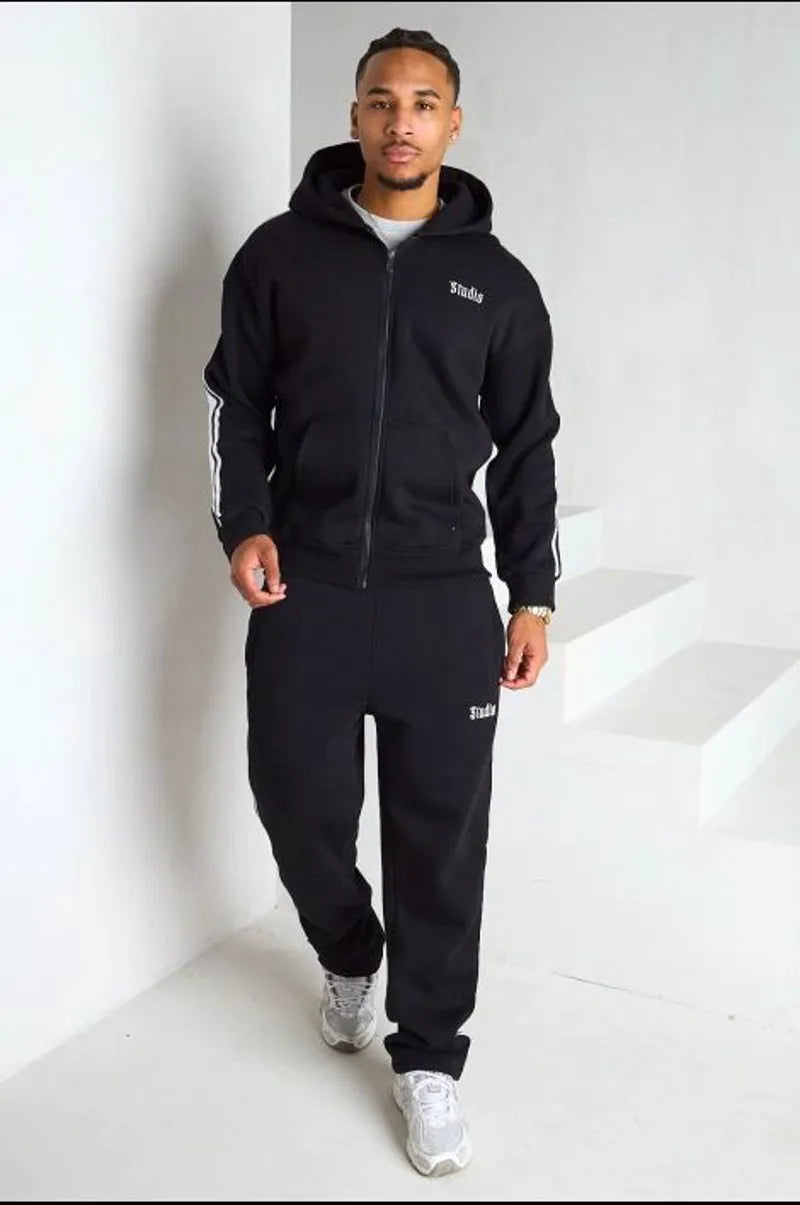 Ensemble 2 pièces noir veste à capuche + jogging coupe droite à bandes et inscription