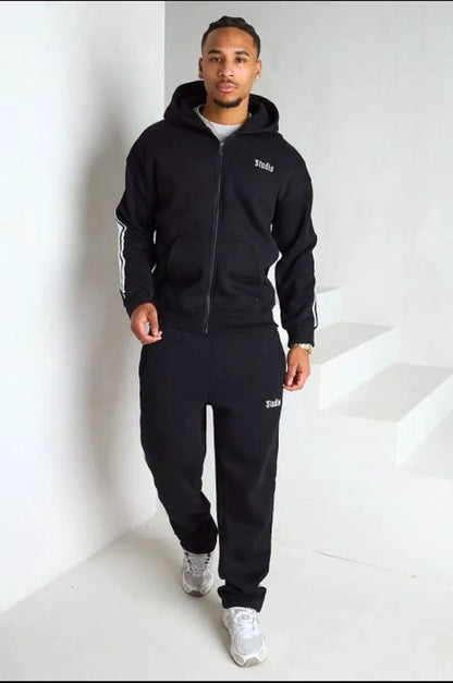 Ensemble 2 pièces noir veste à capuche + jogging coupe droite à bandes et inscription