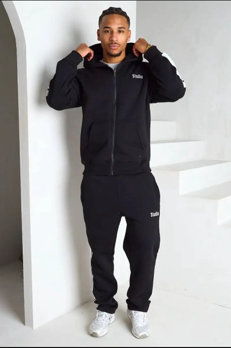 Ensemble 2 pièces noir veste à capuche + jogging coupe droite à bandes et inscription