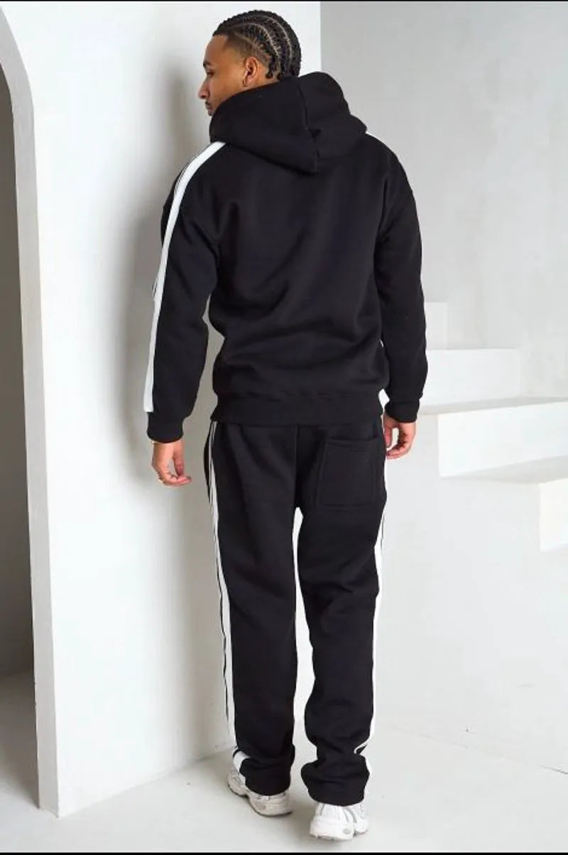 Ensemble 2 pièces noir veste à capuche + jogging coupe droite à bandes et inscription