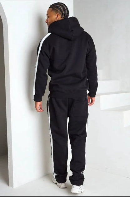 Ensemble 2 pièces noir veste à capuche + jogging coupe droite à bandes et inscription