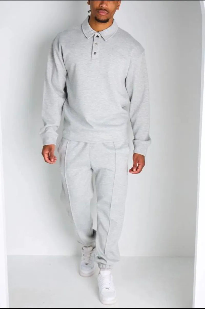 Ensemble 2 pièces : polo manches longues + pantalon gris clair