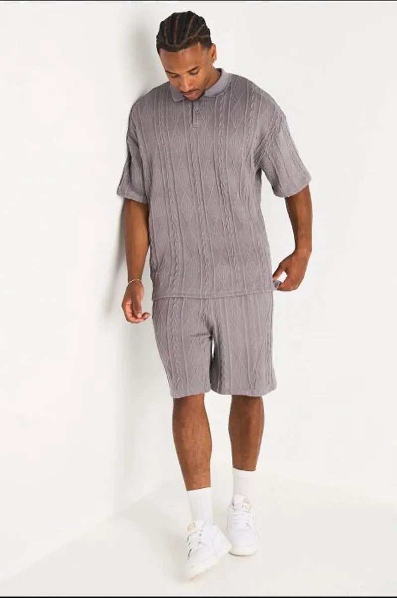 Ensemble 2 pièces : polo + short en maille tressée gris
