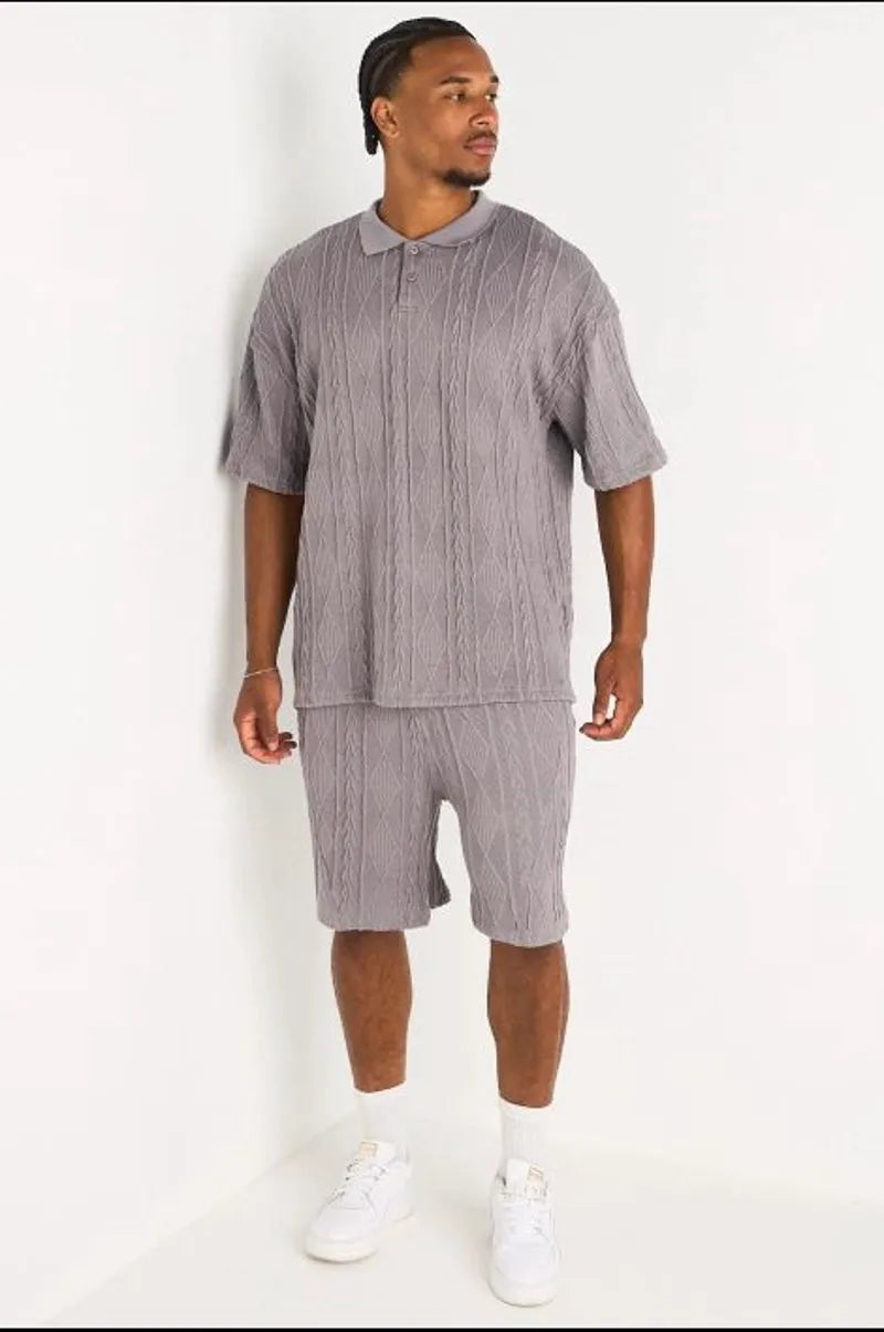 Ensemble 2 pièces : polo + short en maille tressée gris