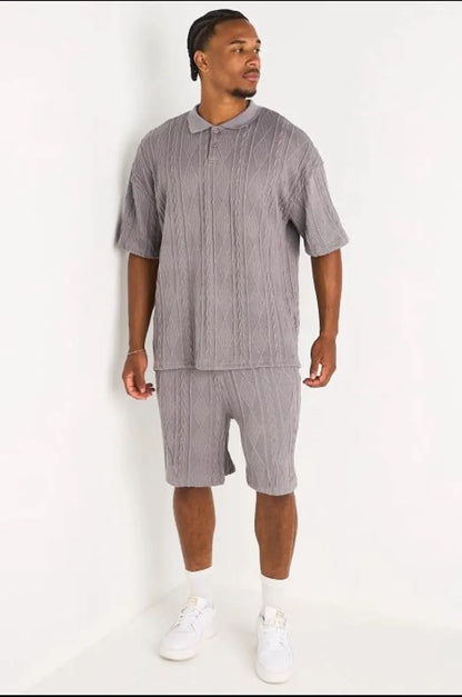 Ensemble 2 pièces : polo + short en maille tressée gris