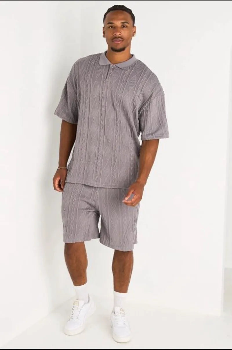 Ensemble 2 pièces : polo + short en maille tressée gris