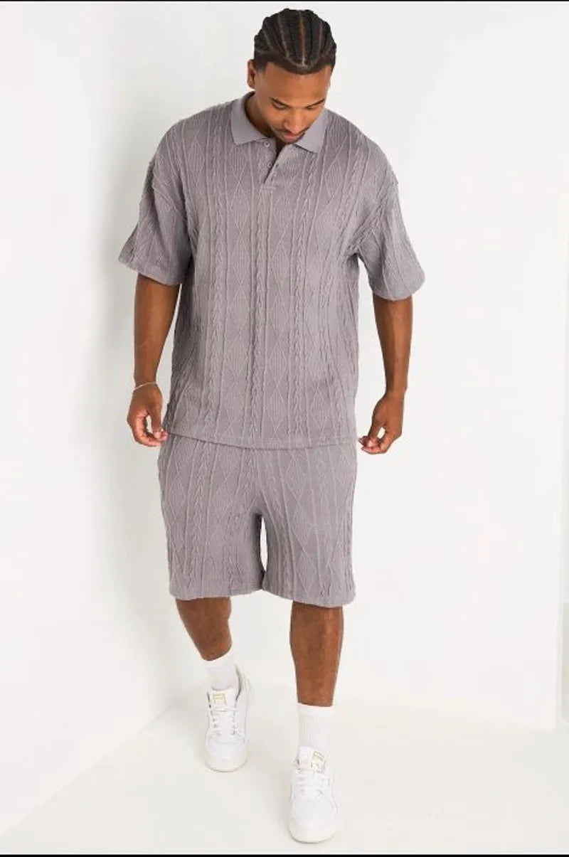 Ensemble 2 pièces : polo + short en maille tressée gris