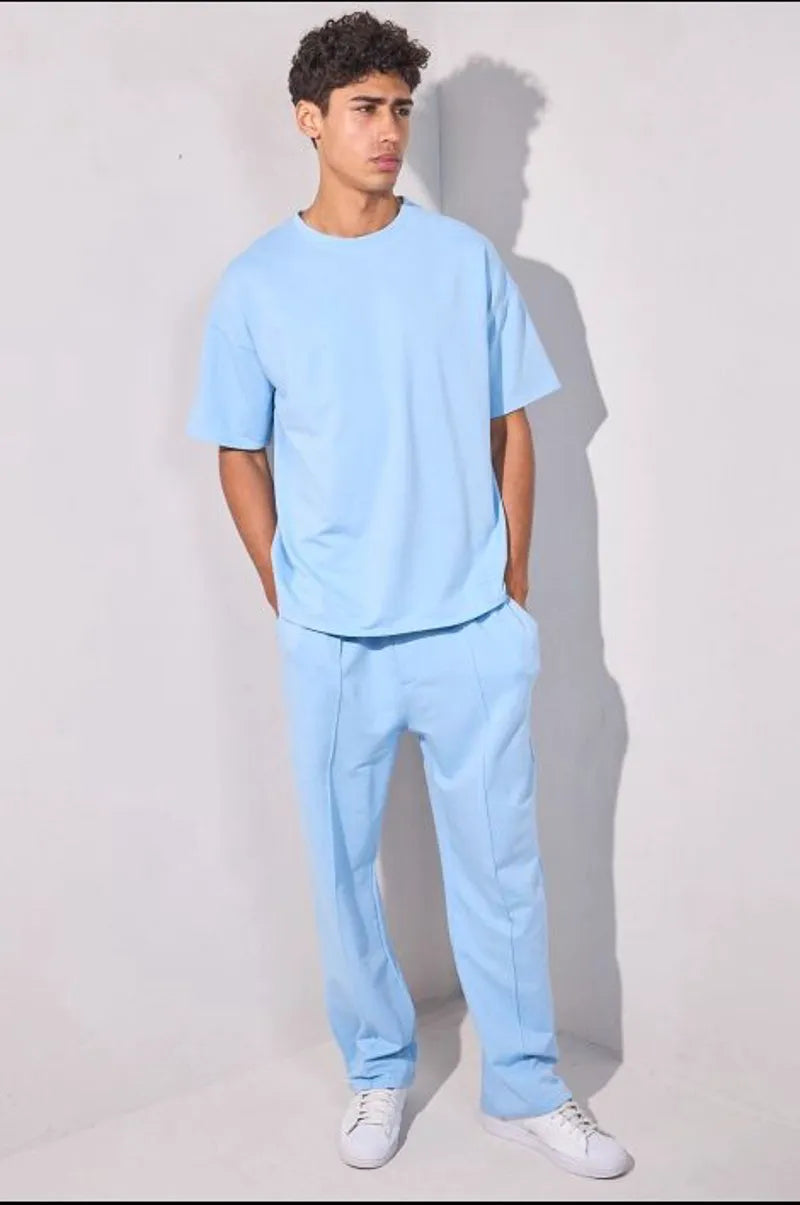 Two-piece ensemble: blue t-shirt and trousers