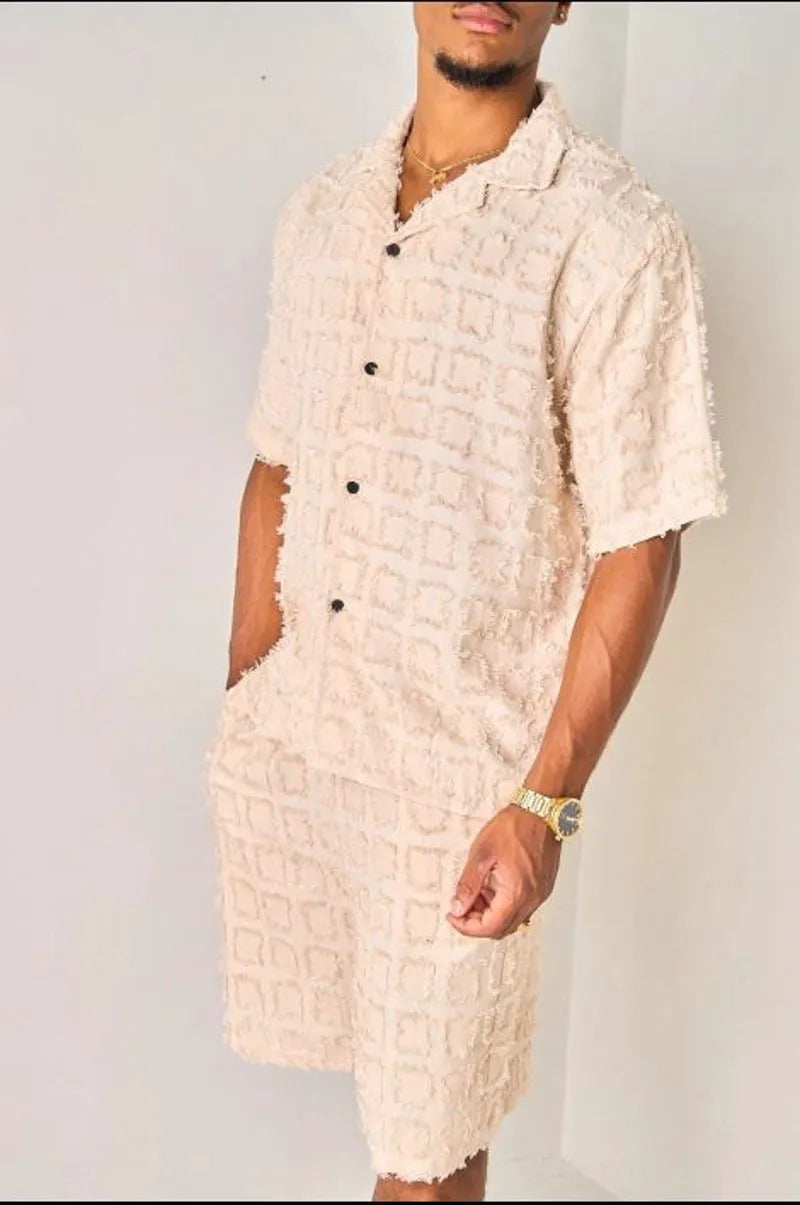 Textured two-piece set with fringed square pattern: beige shirt + shorts