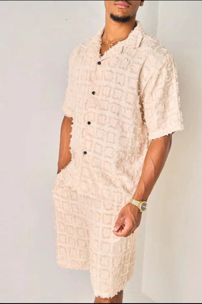 Textured two-piece set with fringed square pattern: beige shirt + shorts