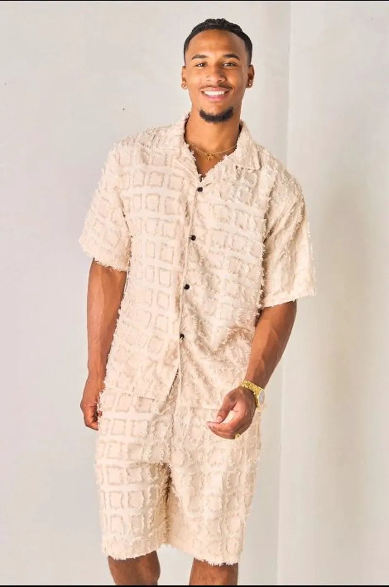 Textured two-piece set with fringed square pattern: beige shirt + shorts