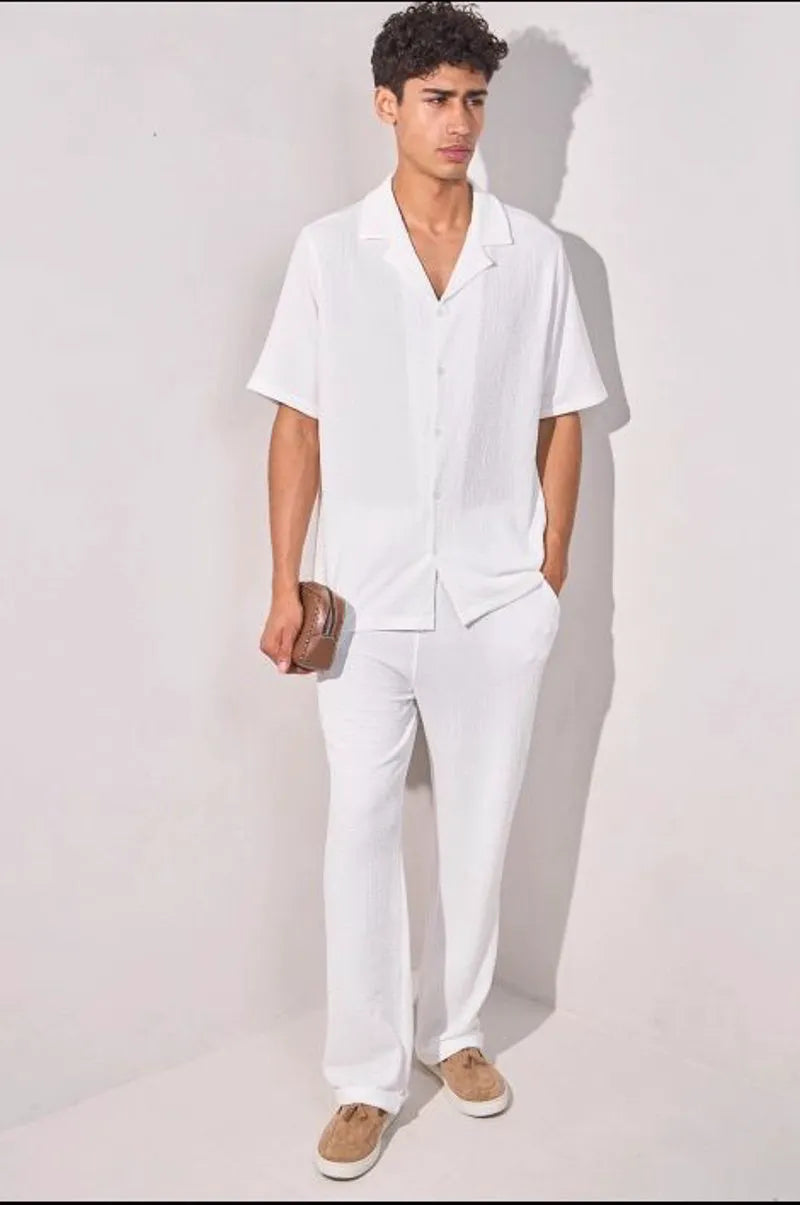 Textured two-piece set: white shirt + trousers