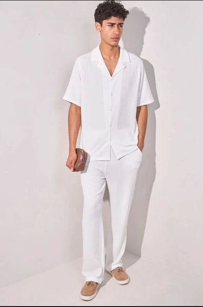 Textured two-piece set: white shirt + trousers