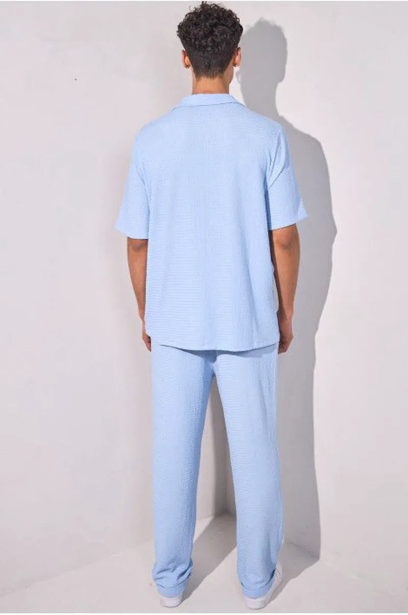 Textured two-piece set: blue shirt + trousers