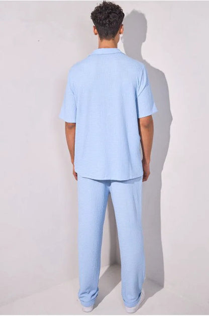 Textured two-piece set: blue shirt + trousers