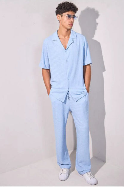 Textured two-piece set: blue shirt + trousers