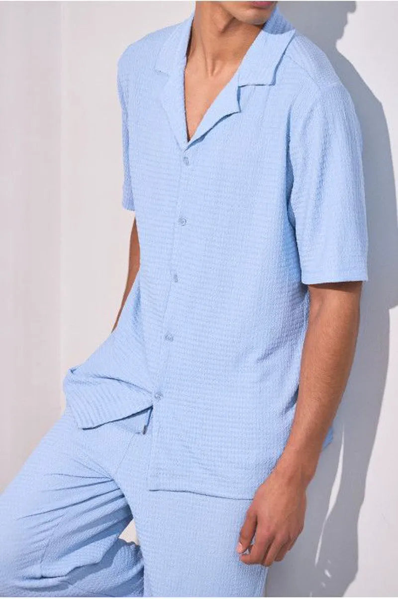 Textured two-piece set: blue shirt + trousers