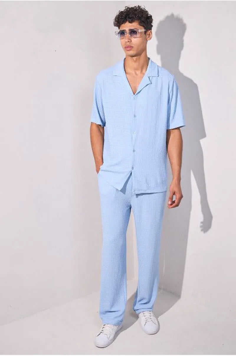 Textured two-piece set: blue shirt + trousers
