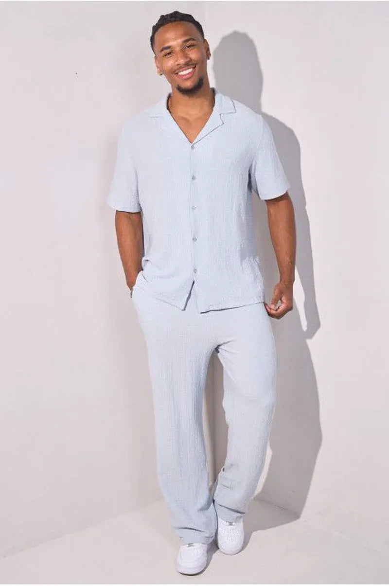 Textured two-piece set: grey shirt + trousers