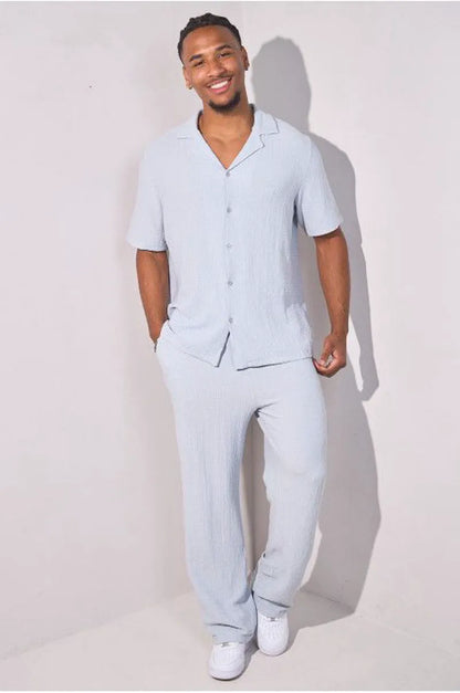 Textured two-piece set: grey shirt + trousers
