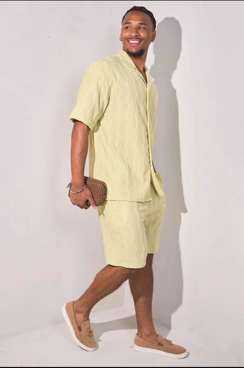 Light green embroidered vertical waves two-piece set: shirt + shorts