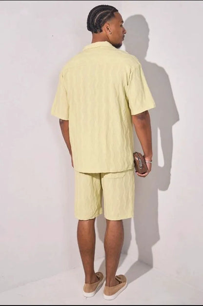 Light green embroidered vertical waves two-piece set: shirt + shorts
