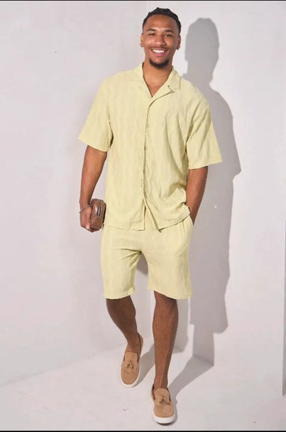 Light green embroidered vertical waves two-piece set: shirt + shorts