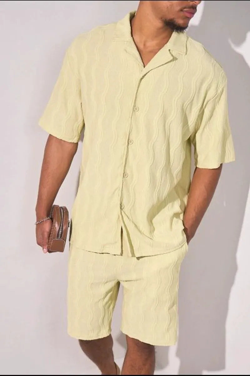 Light green embroidered vertical waves two-piece set: shirt + shorts