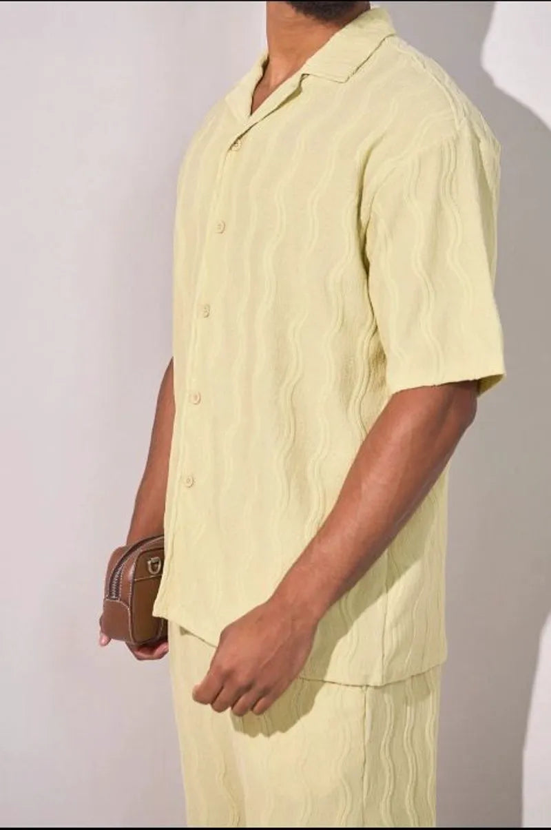 Light green embroidered vertical waves two-piece set: shirt + shorts