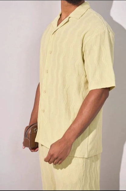 Light green embroidered vertical waves two-piece set: shirt + shorts