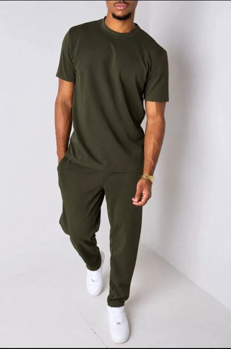 Ensemble 2 pièces vert foncé en maille piquée haut + pantalon