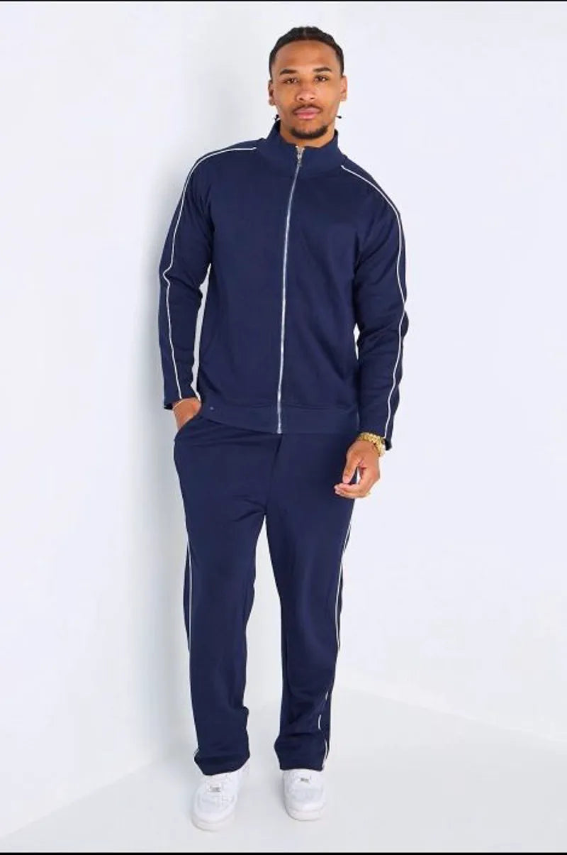 Ensemble 2 pièces : veste + jogging à bandes fines blanches doux bleu foncé