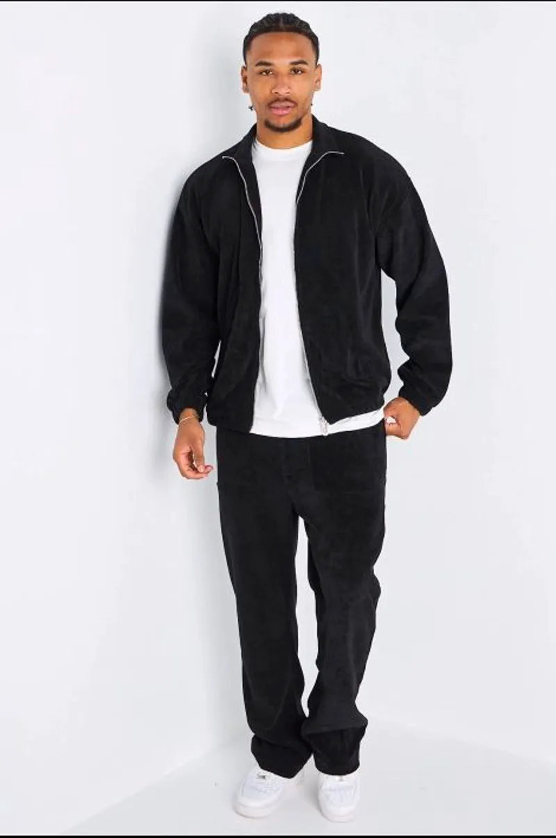 Ensemble 2 pièces : veste zippée + jogging côtelé noir