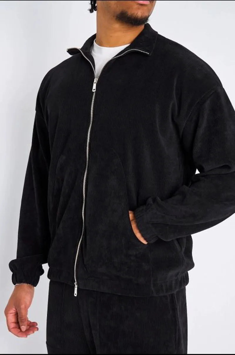 Ensemble 2 pièces : veste zippée + jogging côtelé noir
