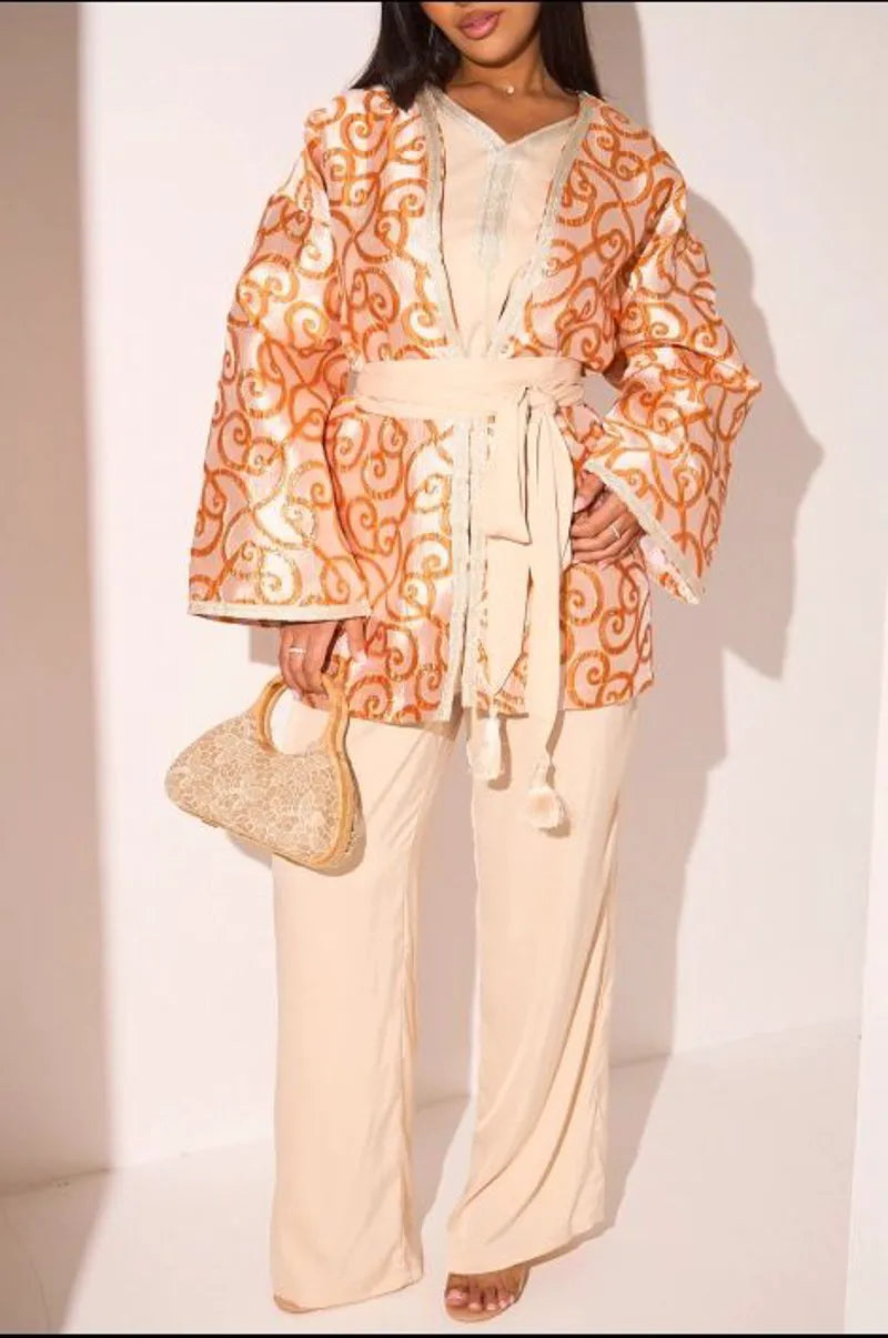 Ensemble 3 pièces orange à motifs arabesque débardeur + veste + pantalon