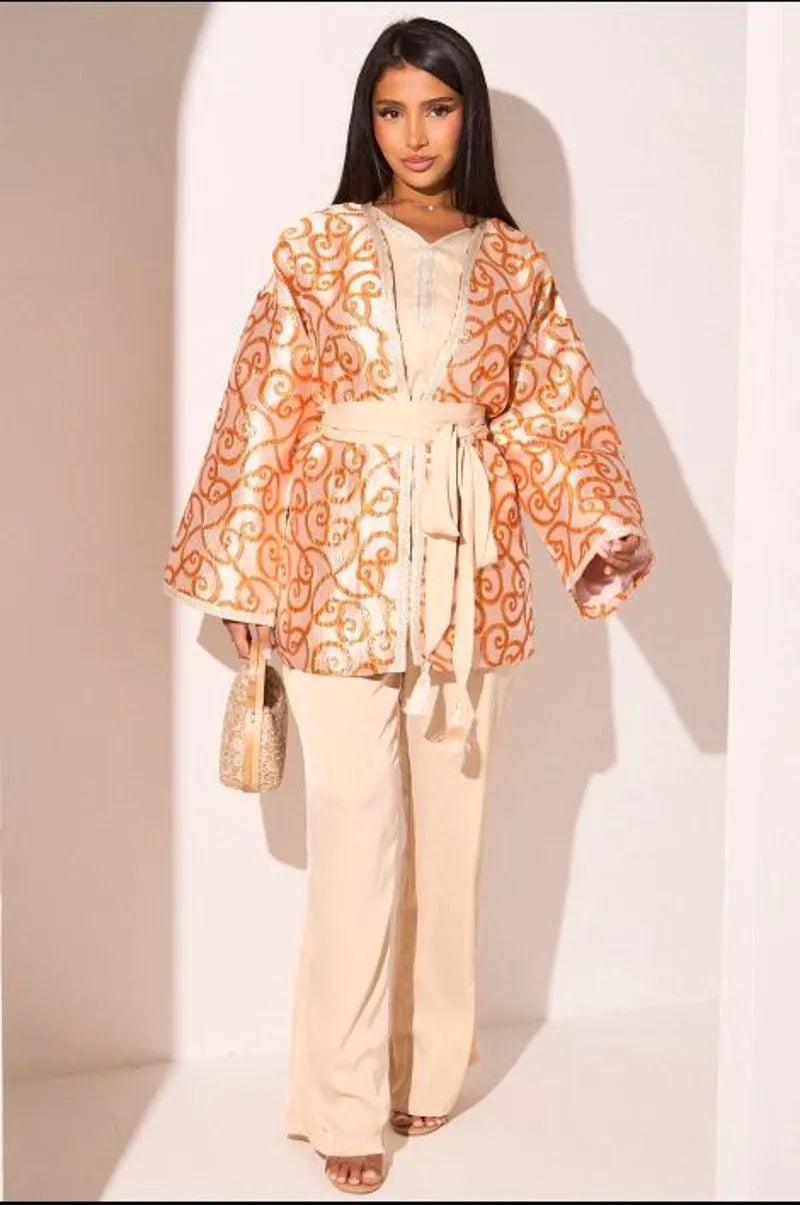 Ensemble 3 pièces orange à motifs arabesque débardeur + veste + pantalon