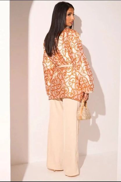 Ensemble 3 pièces orange à motifs arabesque débardeur + veste + pantalon