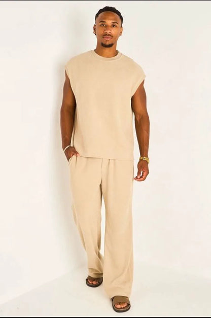 Ensemble deux pièces beige foncé haut sans manches + pantalon effet maille