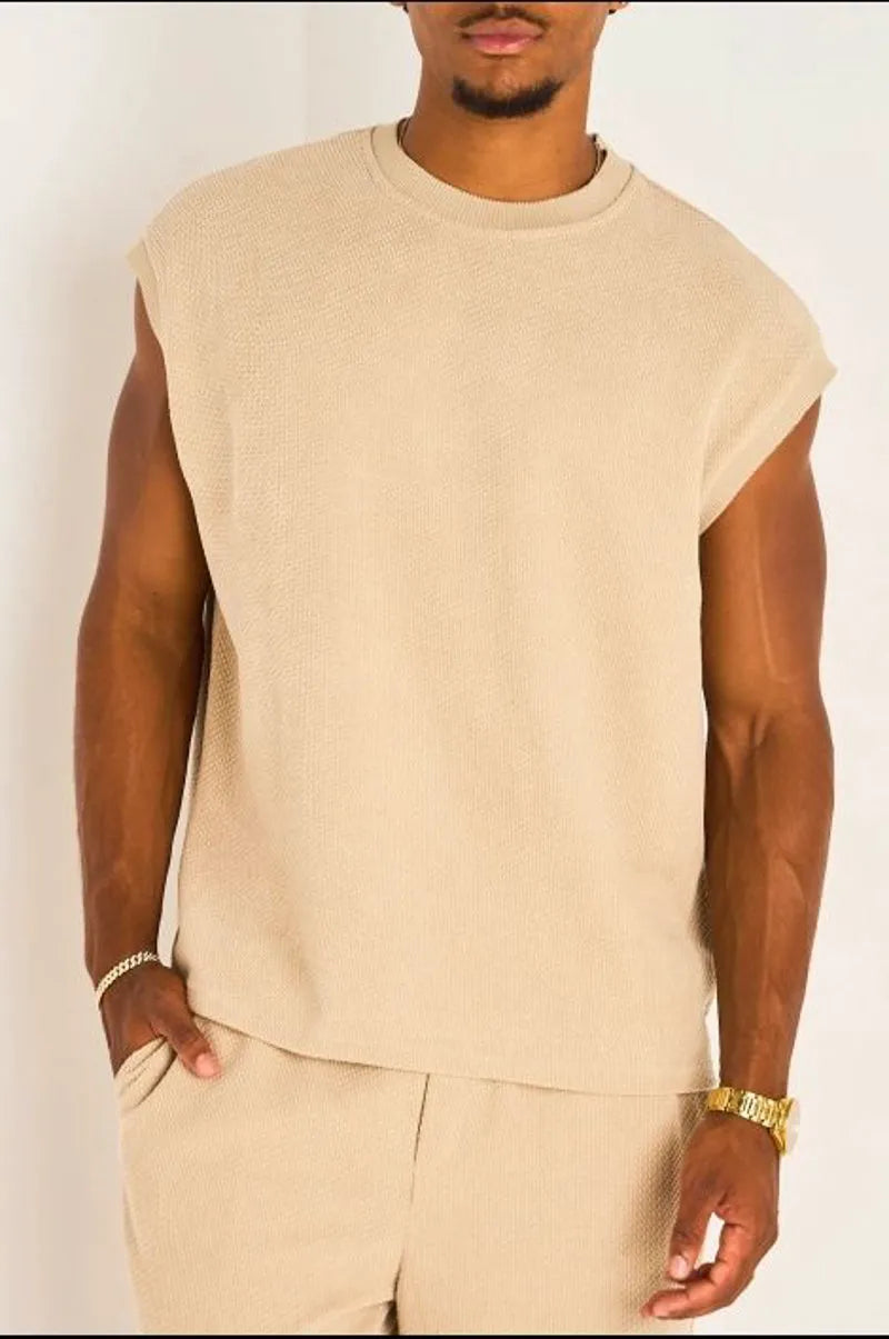 Ensemble deux pièces beige foncé haut sans manches + pantalon effet maille