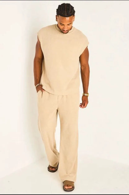 Ensemble deux pièces beige foncé haut sans manches + pantalon effet maille
