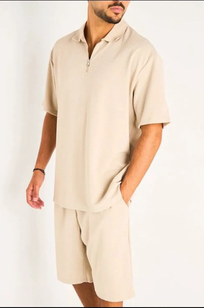 Ensemble deux pièces beige haut + short à motifs chevrons