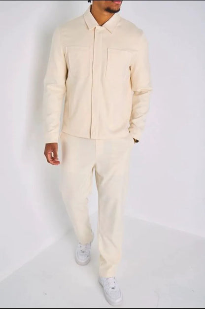 Ensemble deux pièces beige veste à col rabat + pantalon coupe droite
