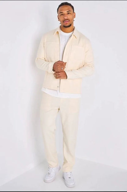 Ensemble deux pièces beige veste à col rabat + pantalon coupe droite