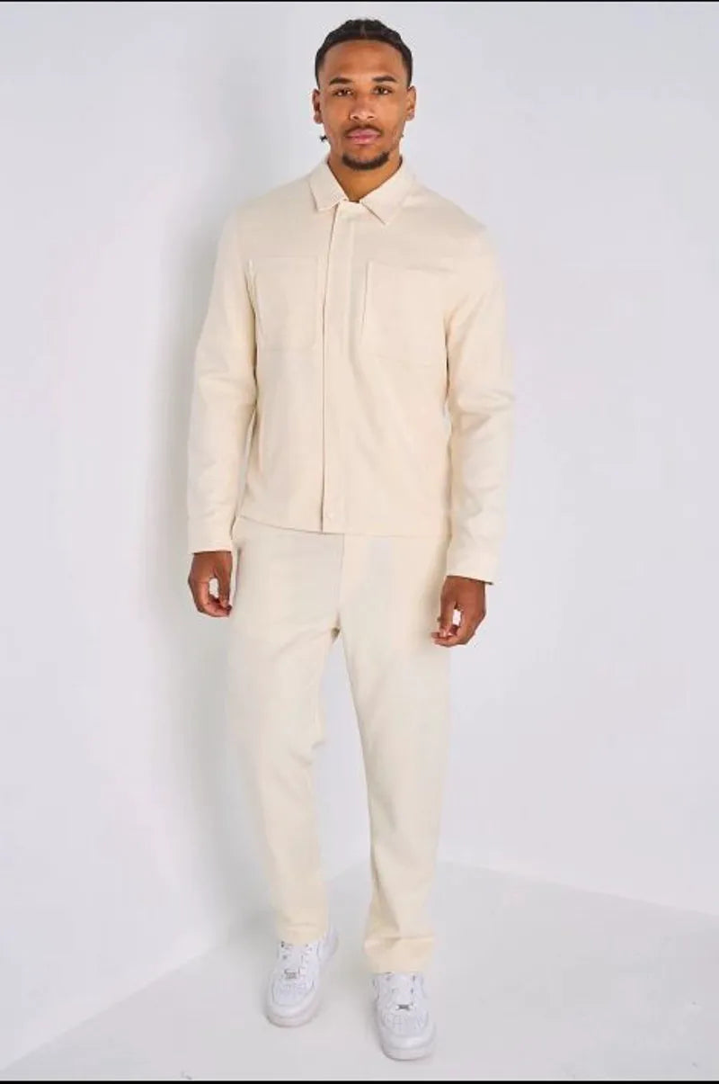 Ensemble deux pièces beige veste à col rabat + pantalon coupe droite