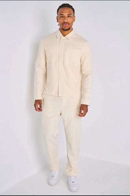 Ensemble deux pièces beige veste à col rabat + pantalon coupe droite