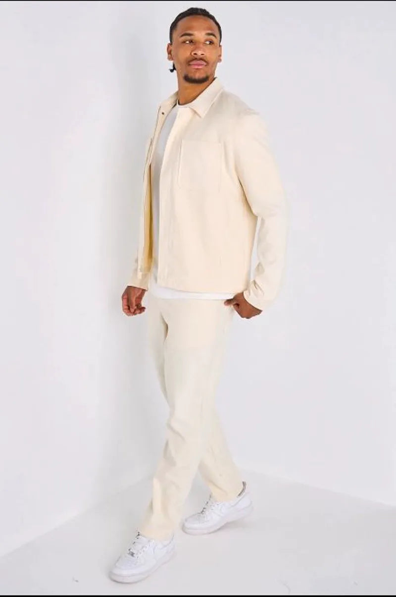 Ensemble deux pièces beige veste à col rabat + pantalon coupe droite