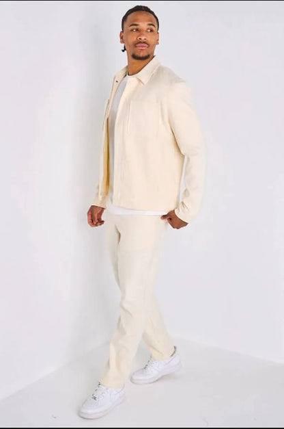 Ensemble deux pièces beige veste à col rabat + pantalon coupe droite