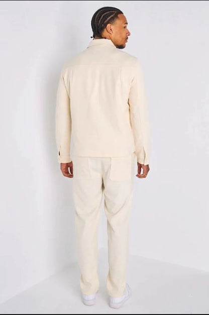 Ensemble deux pièces beige veste à col rabat + pantalon coupe droite