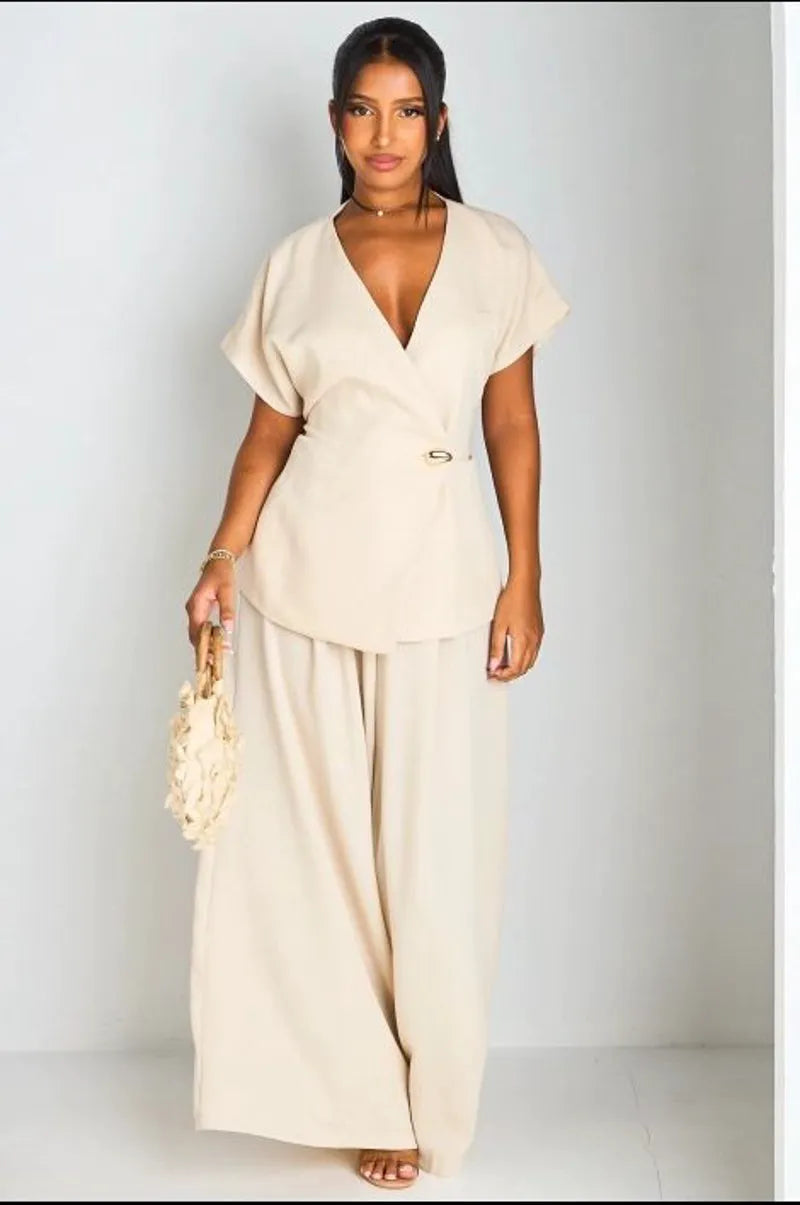Ensemble deux pièces beige veste manches courtes + pantalon